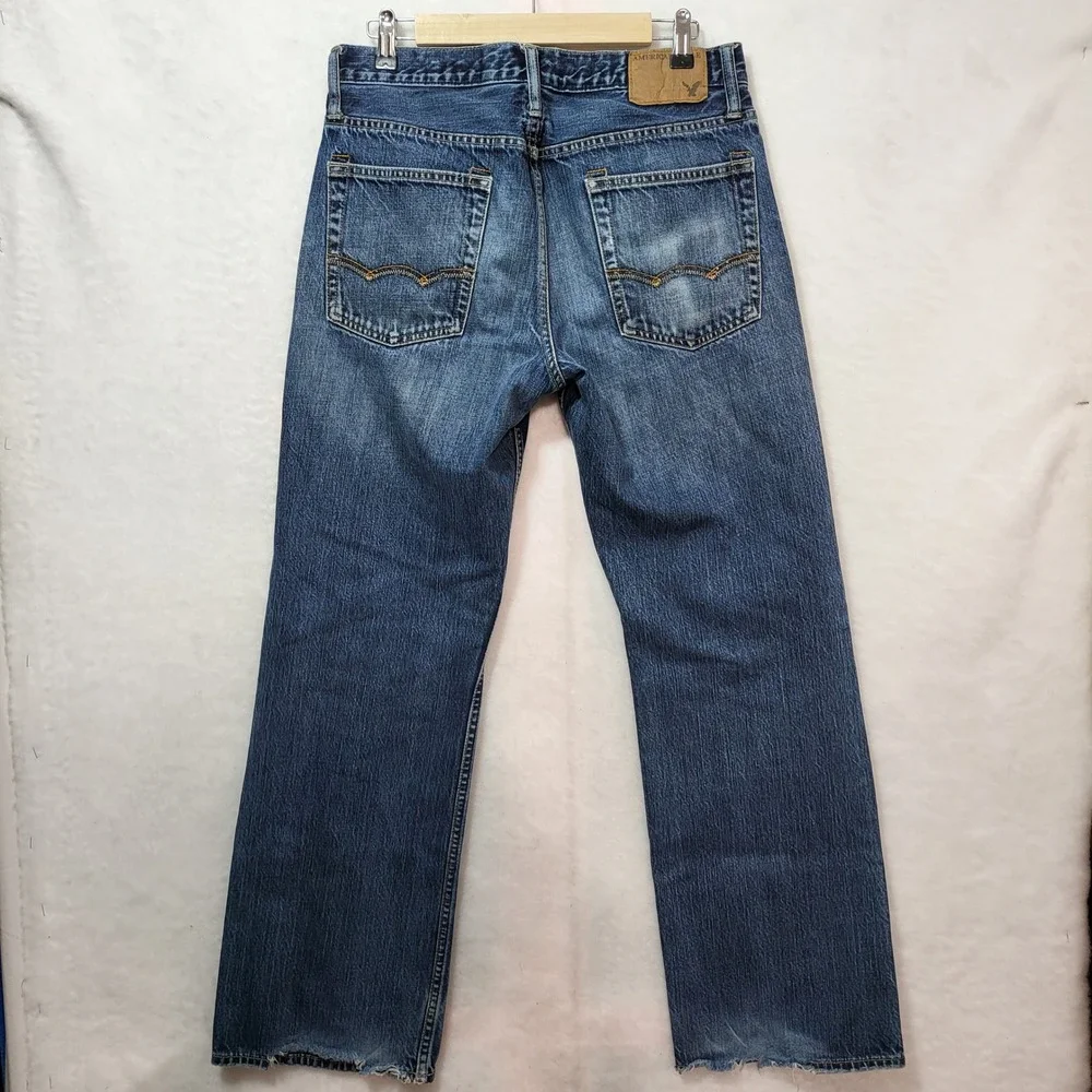 American Eagle Mens Straight Leg Jeans Blue Medium Wash Distressed Denim 31x32
